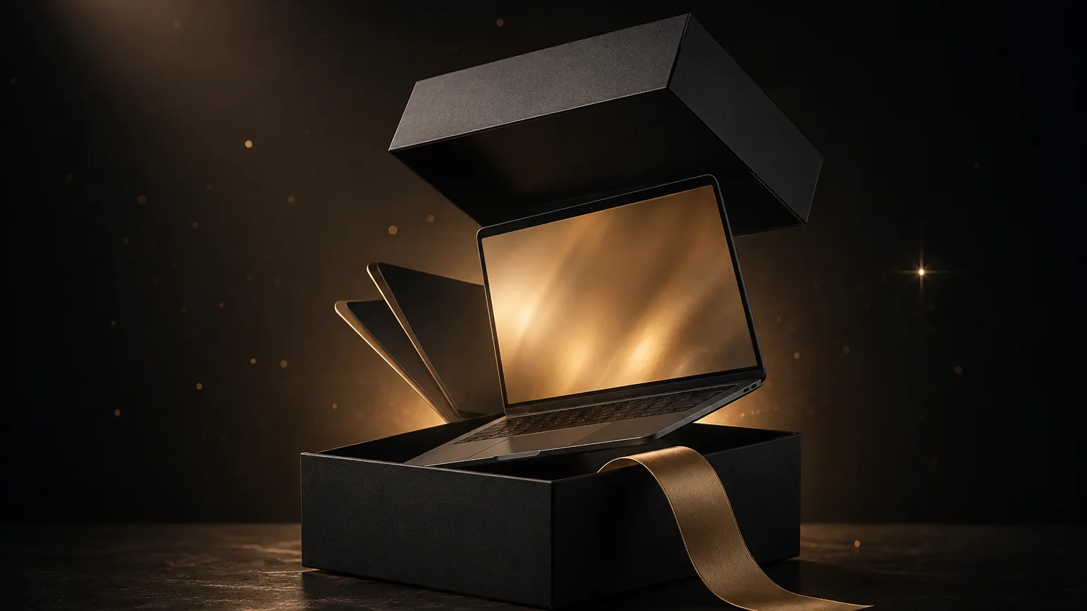 Caja negra abierta con lazo de latón de la que emerge un portátil con la pantalla iluminada en dorado