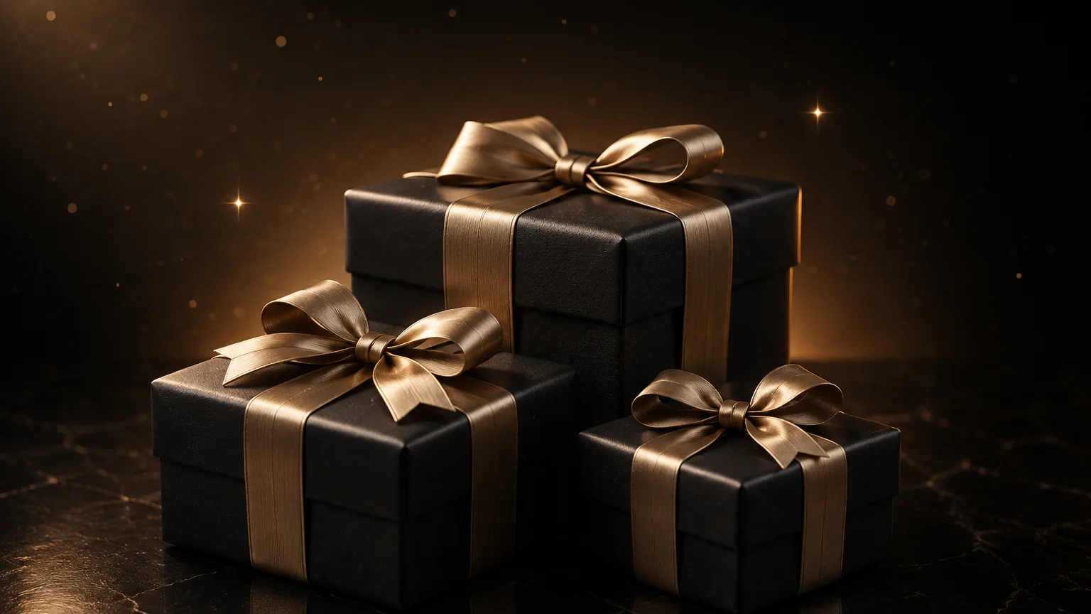 Tres cajas de regalo negras con lazos de latón sobre una superficie oscura