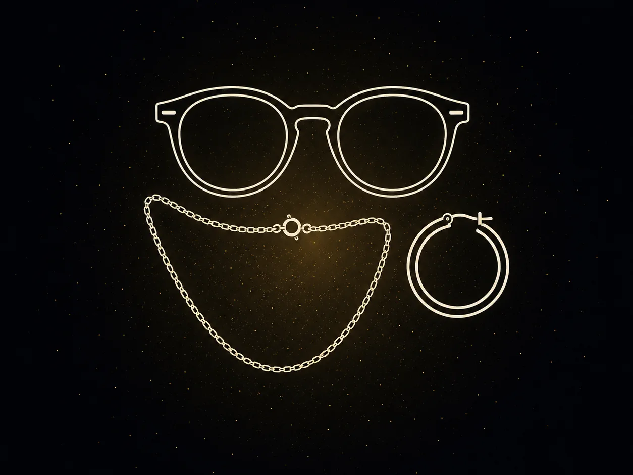 Ilustración de unas gafas de sol, una cadena fina y un aro