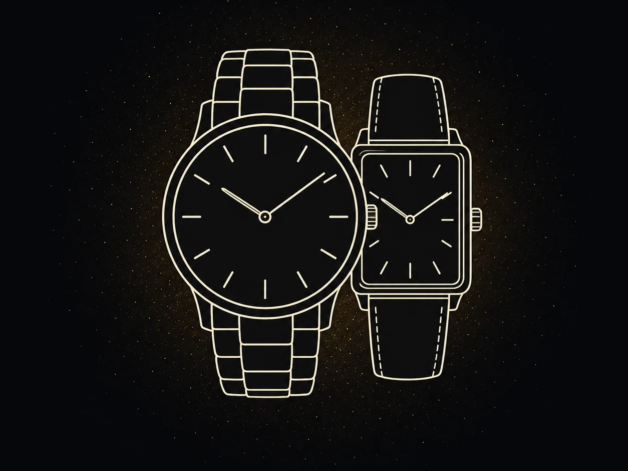 Ilustración de dos relojes de pulsera, uno redondo y otro rectangular