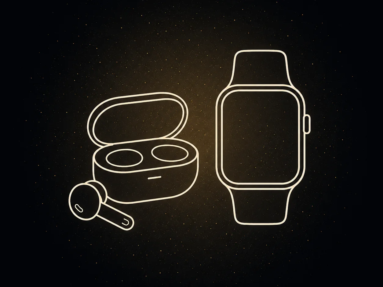 Ilustración de unos auriculares inalámbricos con su estuche y un reloj inteligente